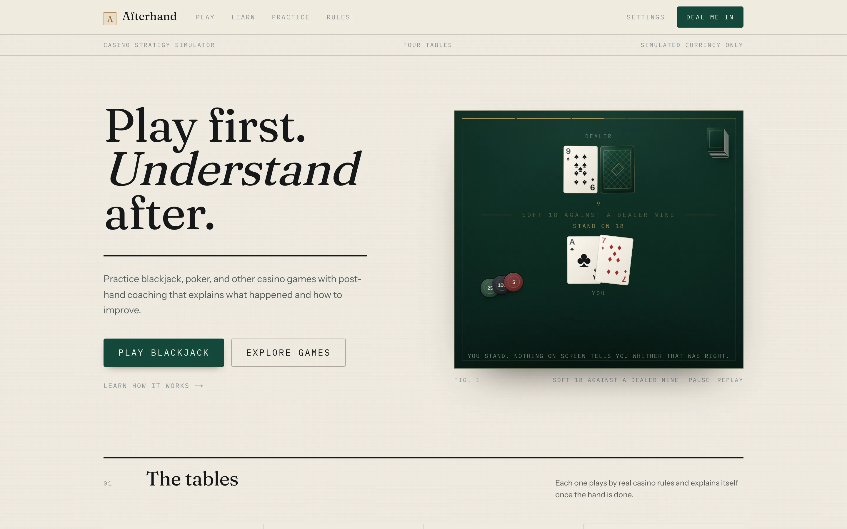 The Afterhand home page: “Play first. Understand after.” beside a green blackjack table showing soft 18 against a dealer nine.