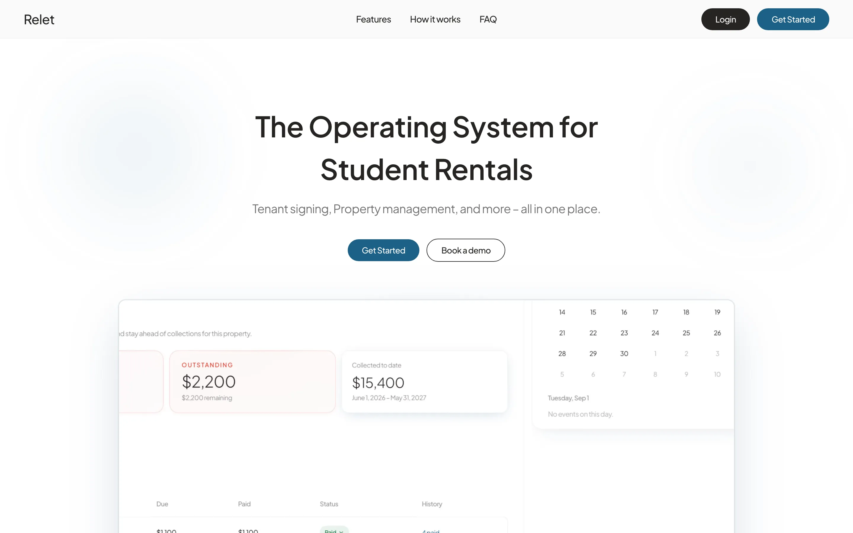The Relet landing page: “The Operating System for Student Rentals”, above a landlord dashboard showing outstanding and collected rent beside a calendar.